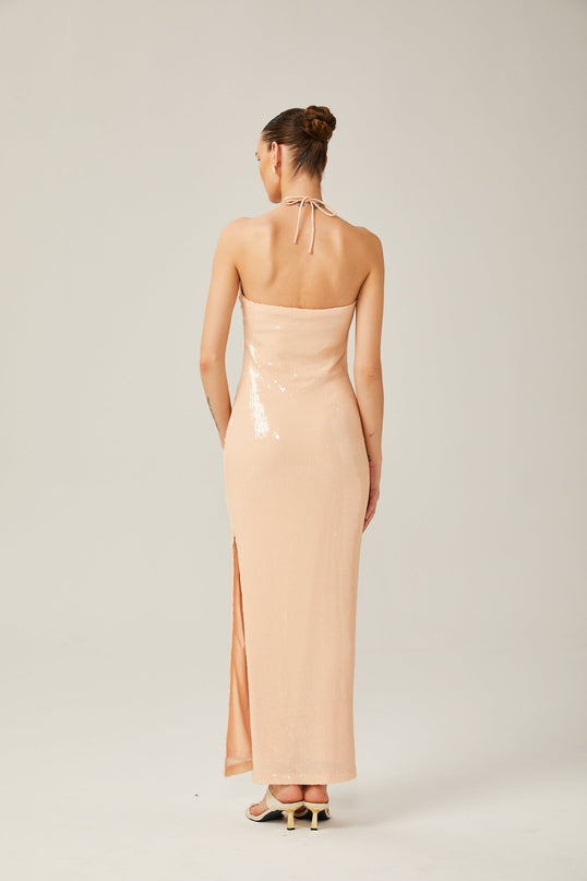 Bristol Maxi Dress in Blush Beige Sequin Embellished Halterneck Floral Appliqué Side Slit Terylene Fabric