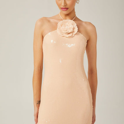 Bristol Maxi Dress in Blush Beige Sequin Embellished Halterneck Floral Appliqué Side Slit Terylene Fabric