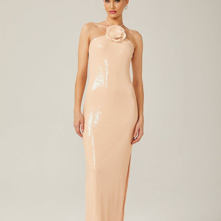 Bristol Maxi Dress Blush Beige Sequin Halterneck Floral Appliqué Side Slit Terylene Fabric