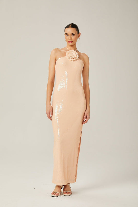 Bristol Maxi Dress Blush Beige Sequin Halterneck Floral Appliqué Side Slit Terylene Fabric
