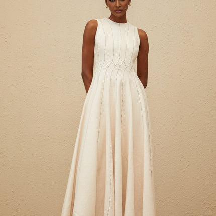 Bristol Neutrals Textured Midi Dress with Shirred Effect and Fitted Waistline