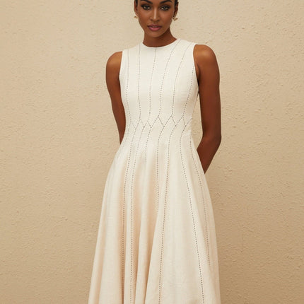 Bristol Midi Dress Neutrals Textured Shirred Sleeveless Round Neck Fitted Waistline Rear Button Side Zip Midi Length Terylene Fiber