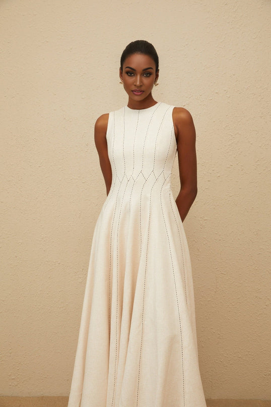 Bristol Midi Dress Neutrals Textured Shirred Sleeveless Round Neck Fitted Waistline Rear Button Side Zip Midi Length Terylene Fiber