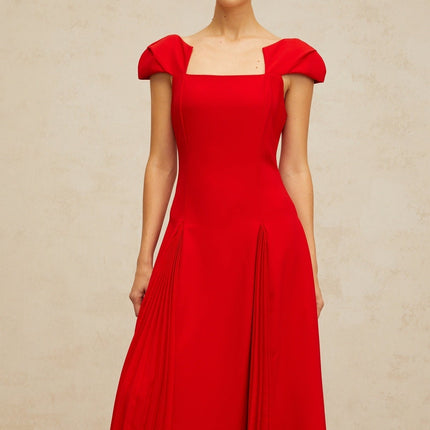 Bristol Midi Dress Pleated Flare Red Square Neck Cap Sleeves Terylene Fiber