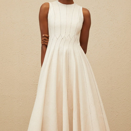 Bristol Neutrals Textured Midi Dress with Shirred Effect and Fitted Waistline
