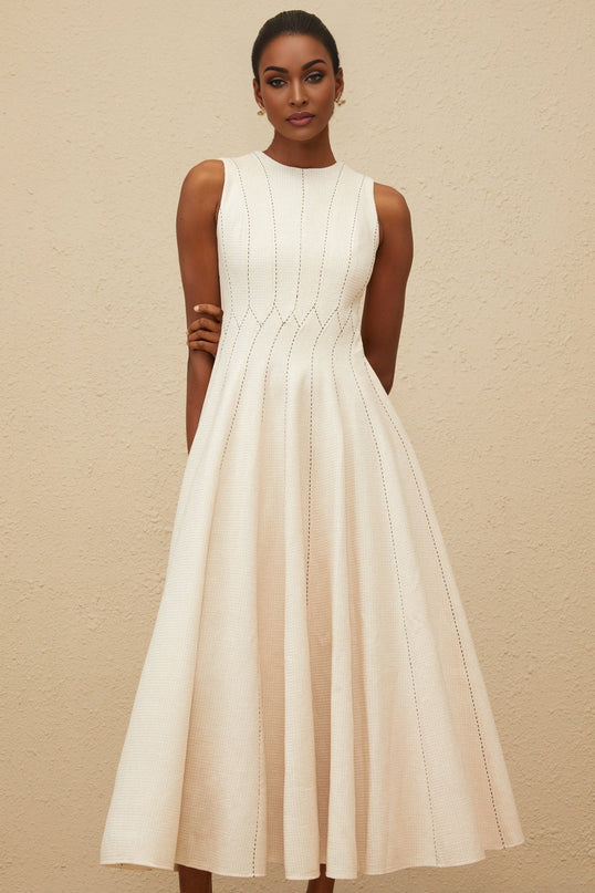 Bristol Neutrals Textured Midi Dress with Shirred Effect and Fitted Waistline