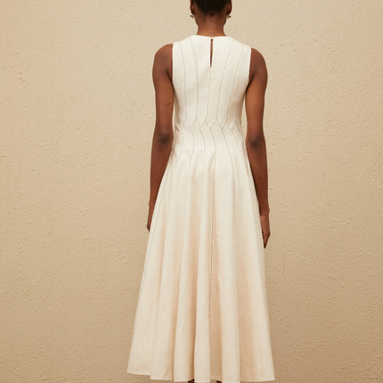 Bristol Neutrals Textured Midi Dress Sleeveless Round Neck Fitted Waistline Rear Button Side Zip 100% Terylene Fiber Composition
