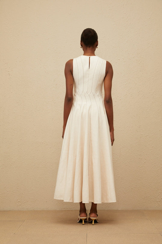 Bristol Neutrals Textured Midi Dress Sleeveless Round Neck Fitted Waistline Rear Button Side Zip 100% Terylene Fiber Composition