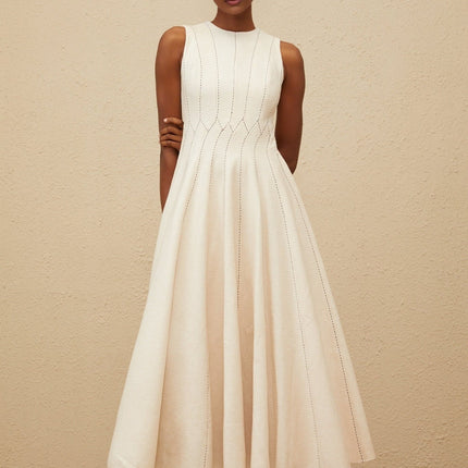 Bristol Neutrals Textured Midi Dress with Shirred Effect and Fitted Waistline