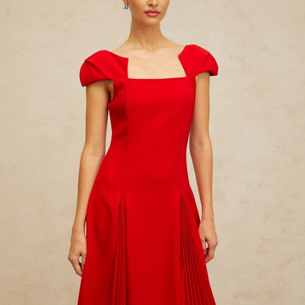 Bristol Red Midi Dress Pleated Flare Terylene Fiber Square Neck Cap Sleeves