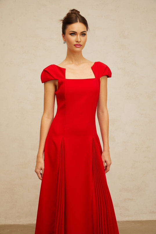 Bristol Red Midi Dress Pleated Flare Terylene Fiber Square Neck Cap Sleeves