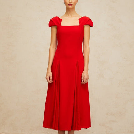 Bristol Red Midi Dress Pleated Flare