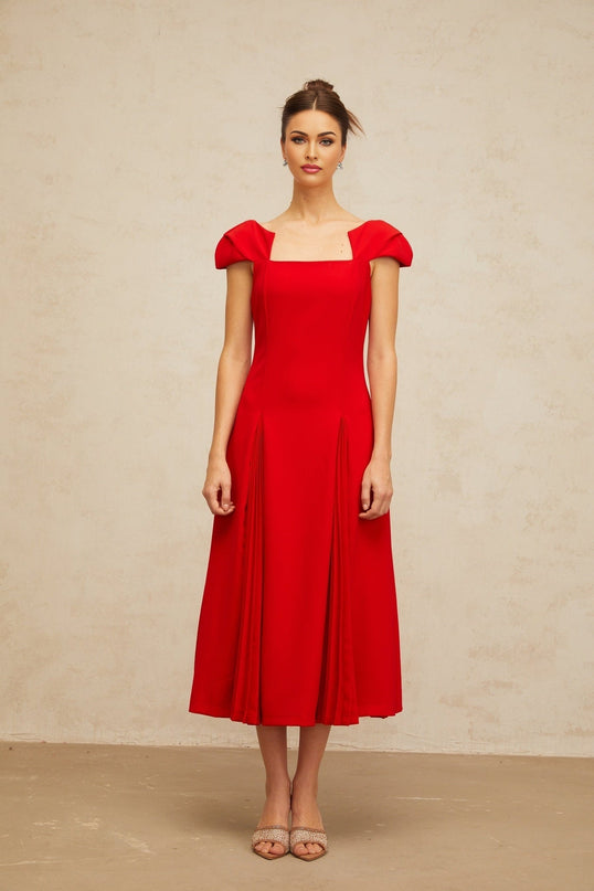 Bristol Red Midi Dress Pleated Flare