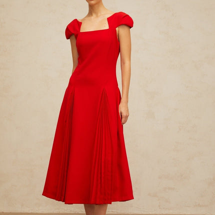 Bristol Red Midi Dress Pleated Flare