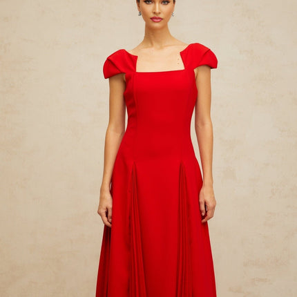 Bristol Red Midi Dress Pleated Flare Square Neck Cap Sleeves