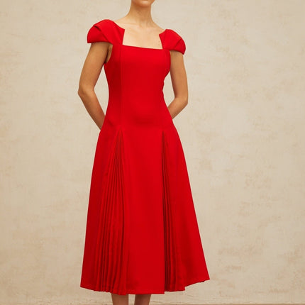 Bristol Red Midi Dress Pleated Flare Square Neck Cap Sleeves