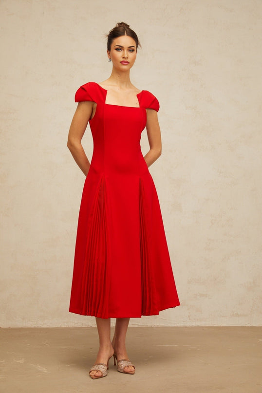 Bristol Red Midi Dress Pleated Flare Square Neck Cap Sleeves