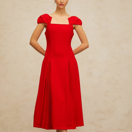 Bristol Red Midi Dress Pleated Flare Square Neck Cap Sleeves