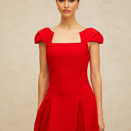 Bristol Red Pleated Flare Midi Dress in 100% Terylene Fiber
