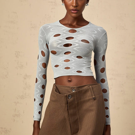 Brooklyn Blue Cropped Top Terylene Spandex Long Sleeve Round Neck Cut-Out Detailing Contemporary Elegant Styling