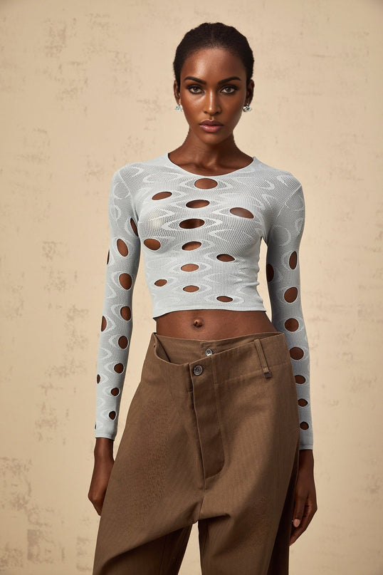 Brooklyn Blue Cropped Top Terylene Spandex Long Sleeve Round Neck Cut-Out Detailing Contemporary Elegant Styling