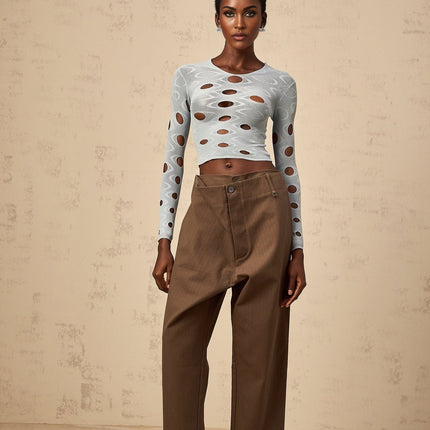 Brooklyn Blue Cropped Top Terylene Spandex Long Sleeve Round Neck Cut-Out Detailing Contemporary Twist Elegant Versatile Fashion Luxury