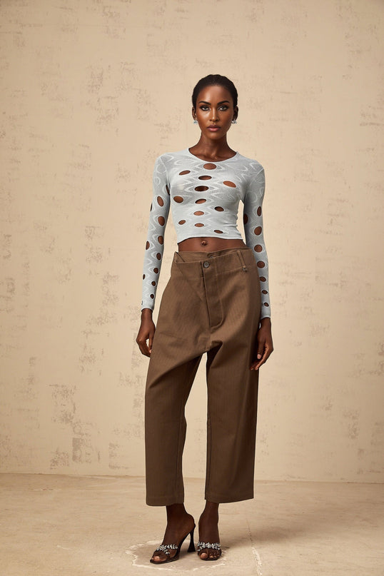 Brooklyn Blue Cropped Top Terylene Spandex Long Sleeve Round Neck Cut-Out Detailing Contemporary Twist Elegant Versatile Fashion Luxury
