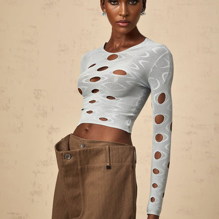 Brooklyn Blue Cropped Top Terylene Spandex Long Sleeve Round Neck Cut-Out Detailing
