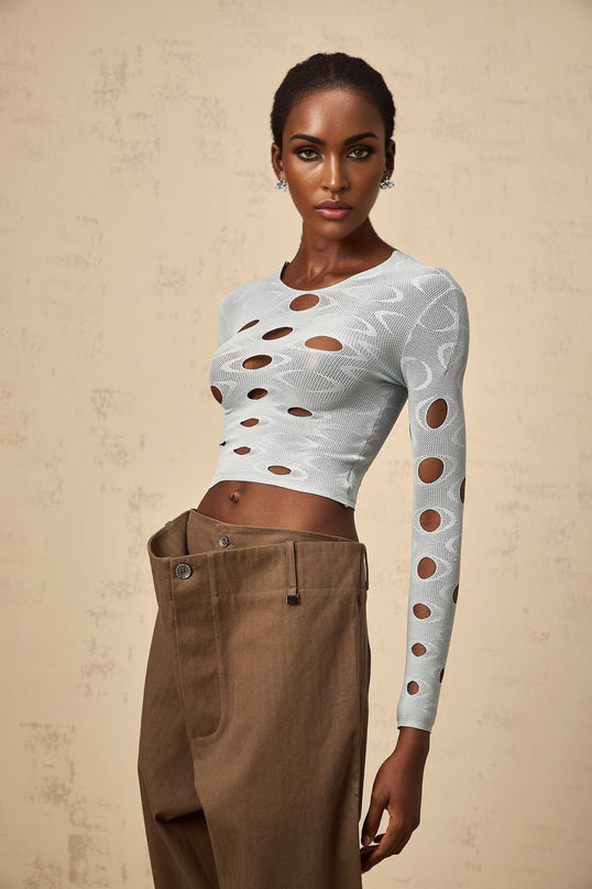 Brooklyn Blue Cropped Top Terylene Spandex Long Sleeve Round Neck Cut-Out Detailing