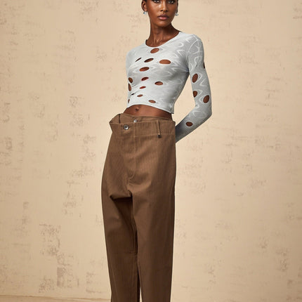 Brooklyn Blue Cropped Top Terylene Spandex Long Sleeve Round Neck Cut-Out Detailing Contemporary Twist Elegant Versatile Timeless Luxury