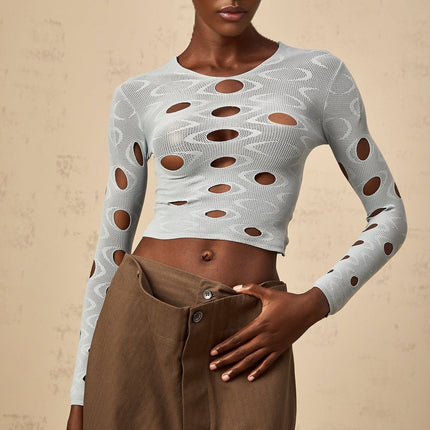 Brooklyn Blue Cropped Top Terylene Spandex Long Sleeve Round Neck Cut Out Detailing Versatile Elegant