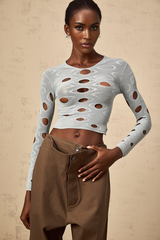Brooklyn Blue Cropped Top Terylene Spandex Long Sleeve Round Neck Cut Out Detailing Versatile Elegant