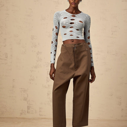 Brooklyn Blue Cropped Top Terylene Spandex Long Sleeve Round Neck Cut-Out Detailing