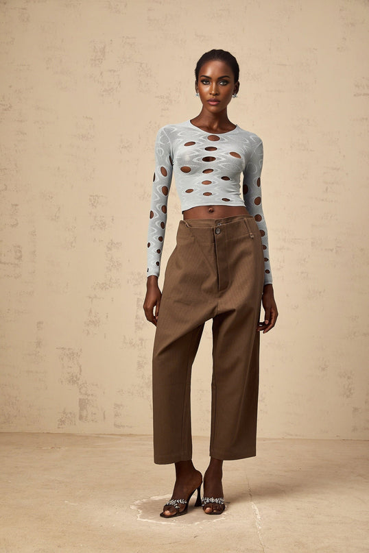 Brooklyn Blue Cropped Top Terylene Spandex Long Sleeve Round Neck Cut-Out Detailing
