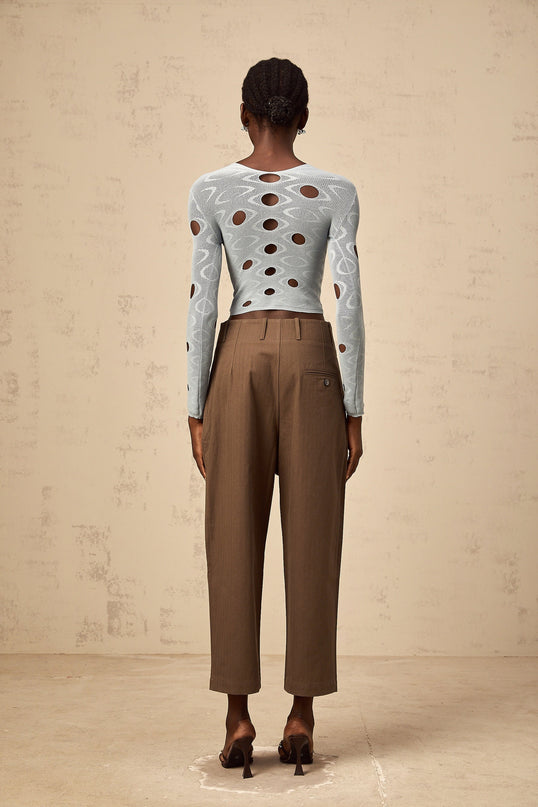 Brooklyn Blue Cropped Top Terylene Spandex Long Sleeve Round Neck Cut-Out Detailing Contemporary Elegant Versatile Fashion