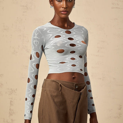 Brooklyn Blue Cropped Top Terylene Spandex Long Sleeve Round Neck Cut Out Detailing