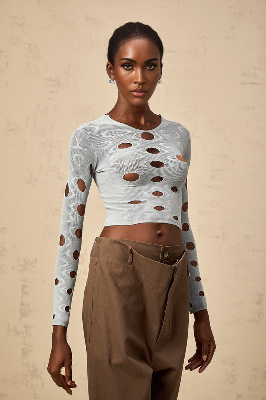 Brooklyn Blue Cropped Top Terylene Spandex Long Sleeve Round Neck Cut Out Detailing
