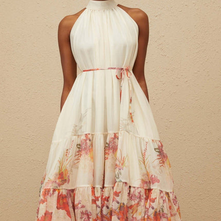 Brooklyn Neutrals Floral Print Midi Dress Terylene Fiber Sleeveless Mock Neck