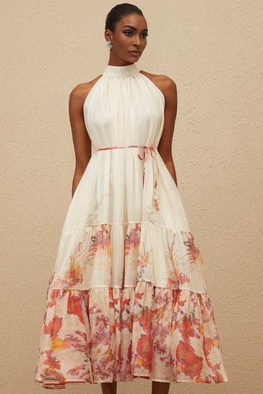 Brooklyn Neutrals Floral Print Midi Dress Terylene Fiber Sleeveless Mock Neck