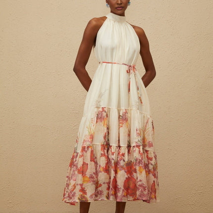 Brooklyn midi dress in Neutrals floral print shirred tiered design mock neck tied waist side slit pockets rear button fastening elegant Terylene fiber versatile piece grace charm elegance redefined