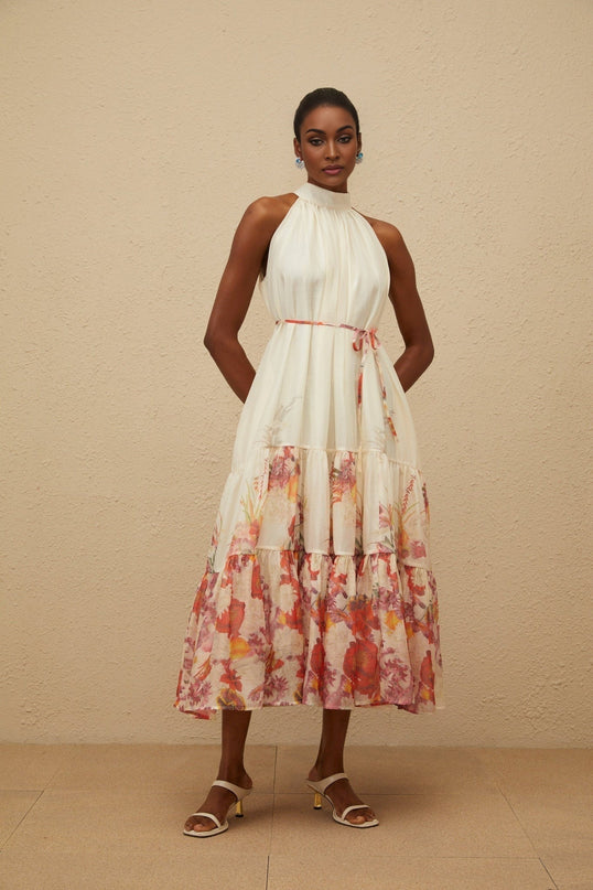 Brooklyn midi dress in Neutrals floral print shirred tiered design mock neck tied waist side slit pockets rear button fastening elegant Terylene fiber versatile piece grace charm elegance redefined