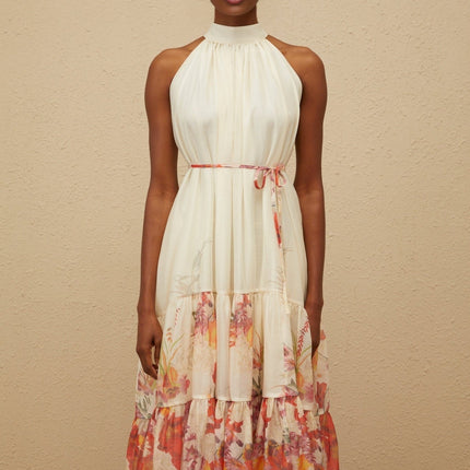 Brooklyn Neutrals Floral Midi Dress Terylene Fiber Mock Neck