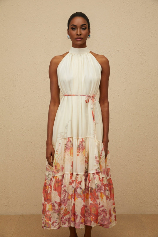 Brooklyn Neutrals Floral Midi Dress Terylene Fiber Mock Neck