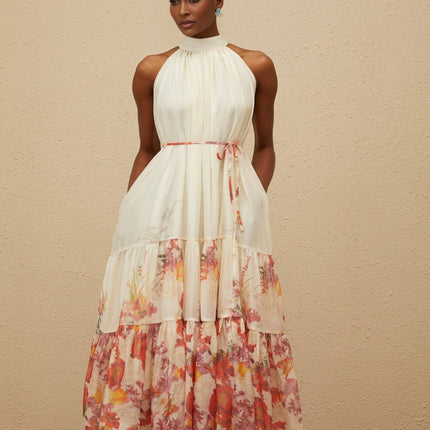 Brooklyn Neutrals Floral Print Midi Dress Terylene Fiber Mock Neck Sleeveless Tiered Design