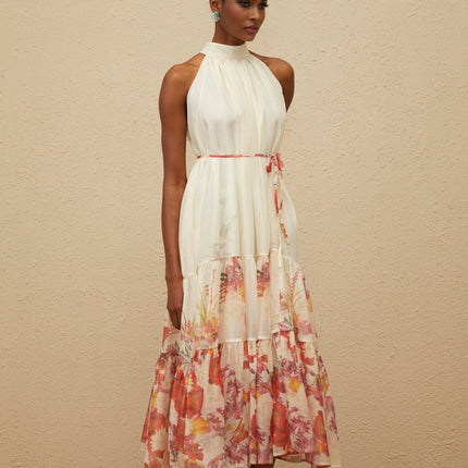 Brooklyn Neutrals Floral Print Midi Dress with Shirred Tiered Design and Mock Neck
