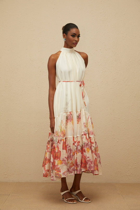 Brooklyn Neutrals Floral Print Midi Dress with Shirred Tiered Design and Mock Neck