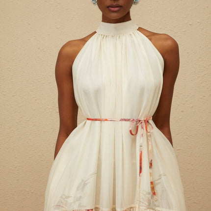 Brooklyn Neutrals Floral Tiered Midi Dress Terylene Fiber Mock Neck Tied Waist