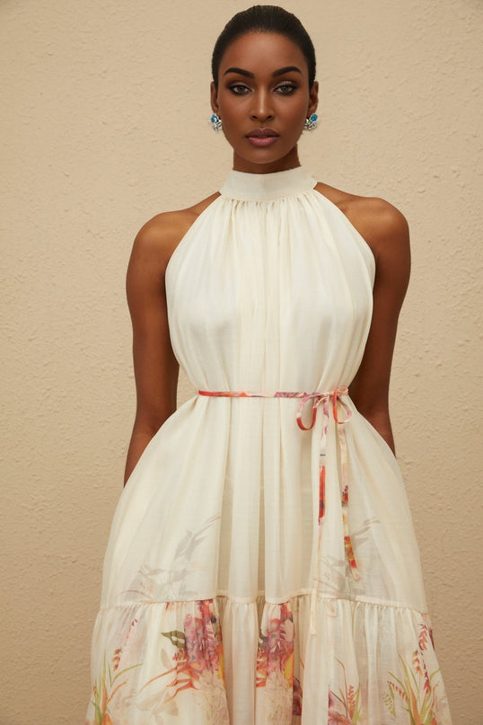Brooklyn Neutrals Floral Tiered Midi Dress Terylene Fiber Mock Neck Tied Waist