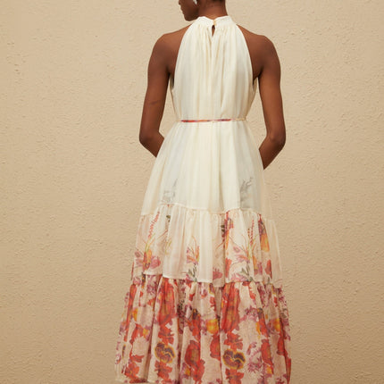 Brooklyn Neutrals Floral Tiered Midi Dress Terylene Fiber Mock Neck Waist Tie Pockets Button Fastening