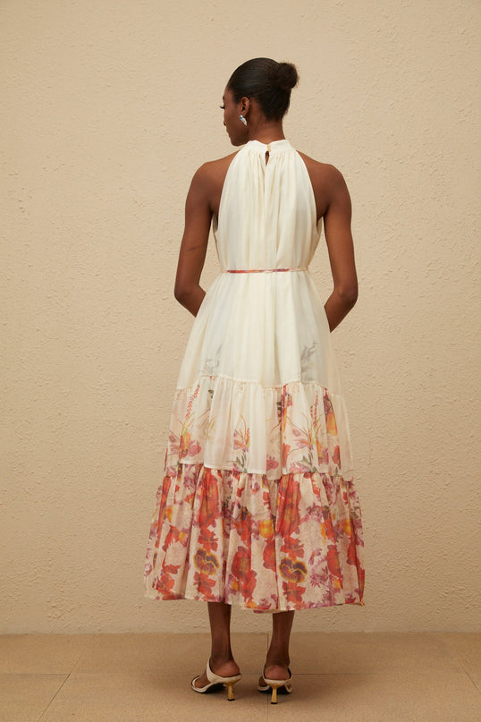 Brooklyn Neutrals Floral Tiered Midi Dress Terylene Fiber Mock Neck Waist Tie Pockets Button Fastening